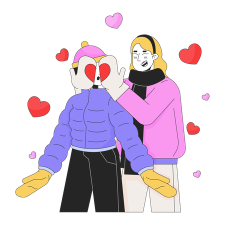 Lesbian woman covering girlfriend eyes with mittens  일러스트레이션