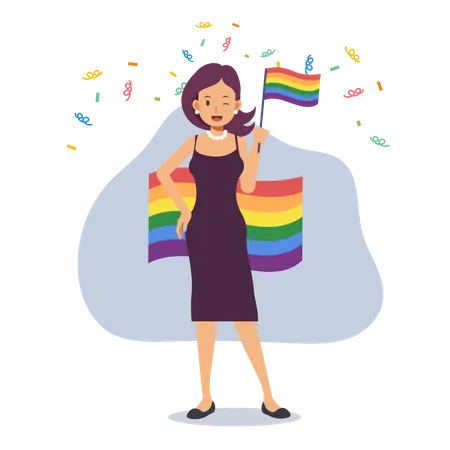Lesbian Woman holding LGBT Flag  Illustration