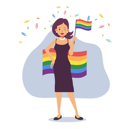 Lesbian Woman holding LGBT Flag  Illustration