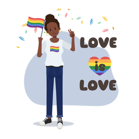 Lesbian Woman holding Rainbow flag  Illustration