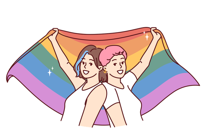 Lesbian women holding LGBT flag  イラスト