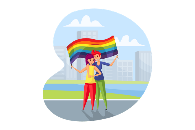 Lesbianas sosteniendo bandera LGBTQ  Ilustración