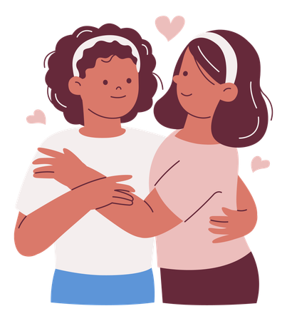 Lesbianas abrazándose con corazones  Ilustración