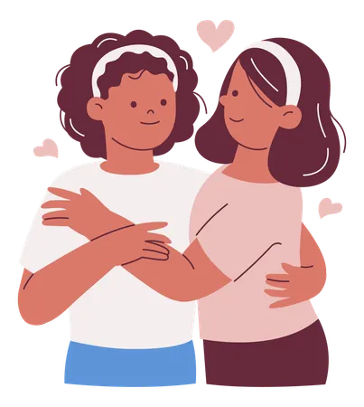 Lesbianas abrazándose con corazones  Ilustración