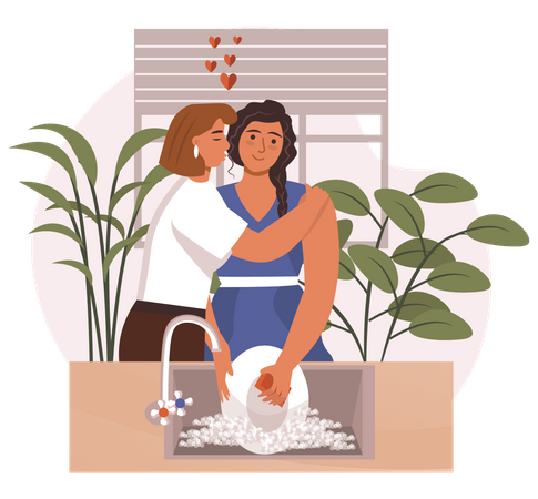 Lésbica ajudando parceira na cozinha  Ilustração