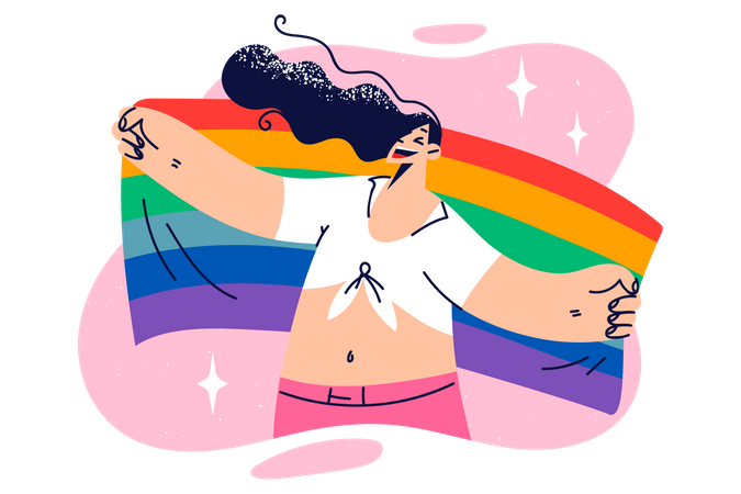 Menina lésbica segurando bandeira LGBTQ  Ilustração