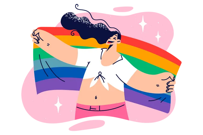 Menina lésbica segurando bandeira LGBTQ  Ilustração