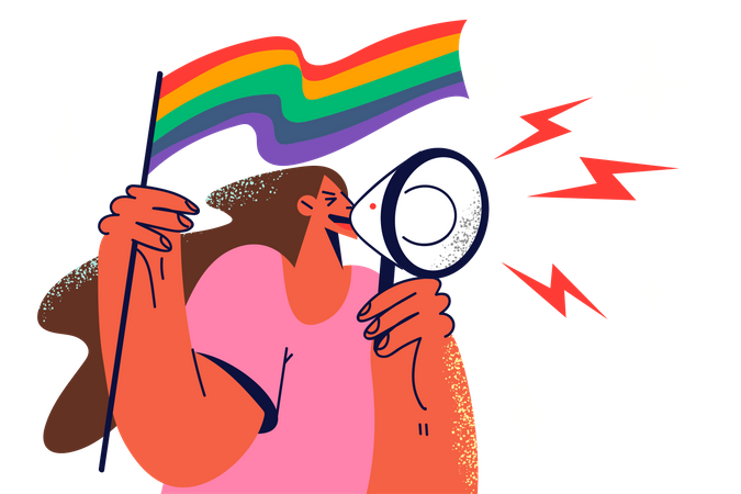 Menina lésbica segurando bandeira LGBTQ  Ilustração