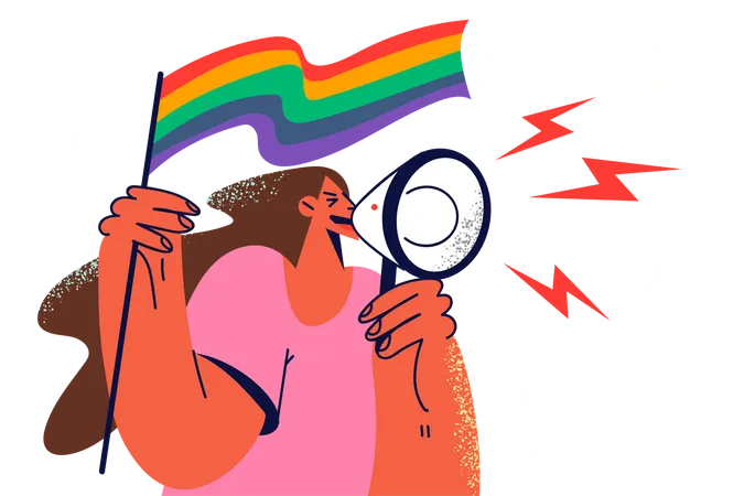 Menina lésbica segurando bandeira LGBTQ  Ilustração