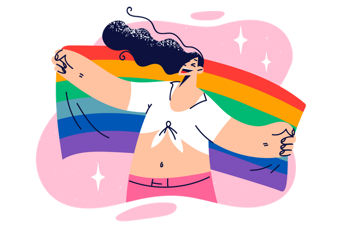 Fille lesbienne tenant le drapeau LGBTQ  Illustration