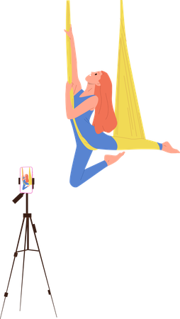 Lesson of aerial fly yoga in hammock with young female trainer recording video  Illustration