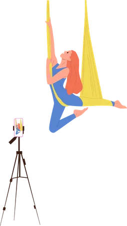 Lesson of aerial fly yoga in hammock with young female trainer recording video  Illustration