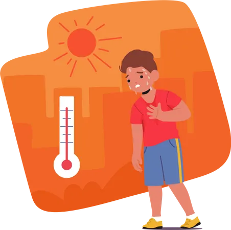 Flushed And Lethargic Little Boy Character Struggling To Cope With The Scorching Heat Of The Desert Sun Feel Pain In Breast Isolated On White Background Cartoon People Vector Illustration Illustration