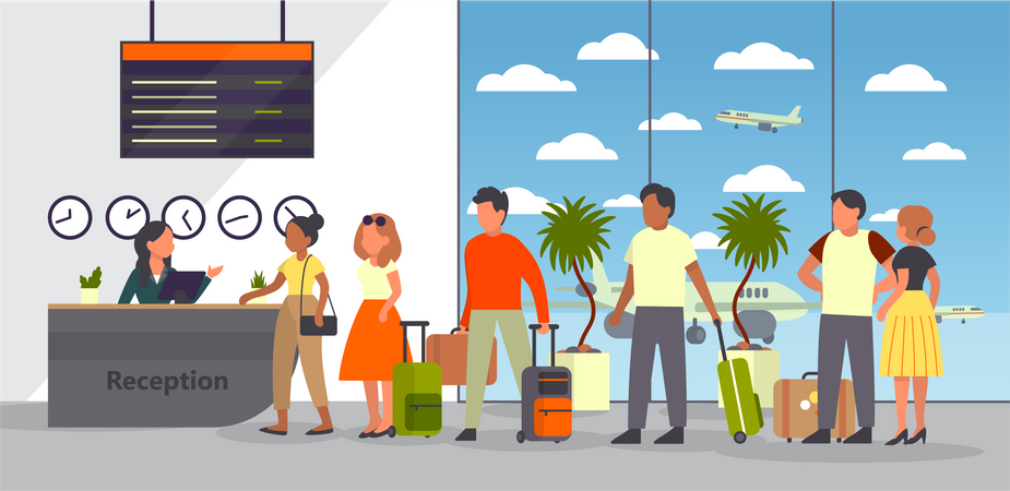 Leute an der Rezeption beim Check-in am Flughafen  Illustration