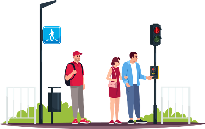 Menschen am Zebrastreifen mit Warte-Verkehrstaste  Illustration