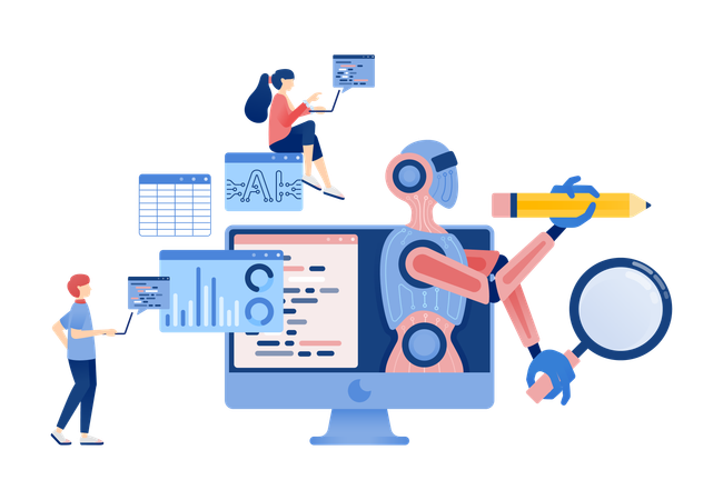 Personen, die Buchhaltungsdiagramme mit KI-Robotern und Programmierunterstützung analysieren  Illustration