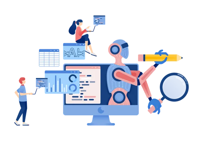 Personen, die Buchhaltungsdiagramme mit KI-Robotern und Programmierunterstützung analysieren  Illustration