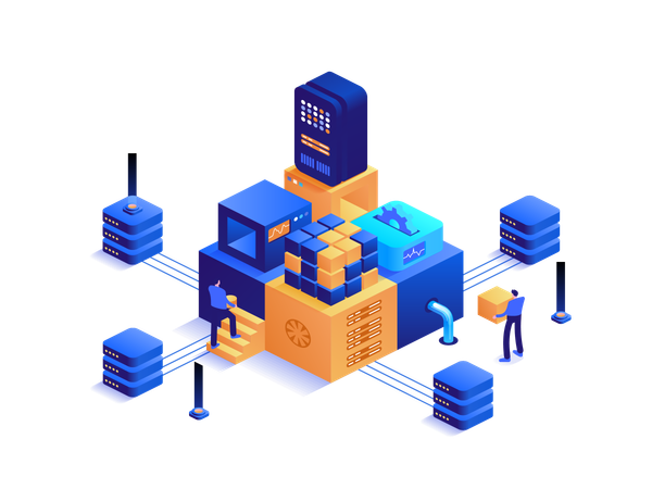 Menschen, die mit einem Server-Rack an einer Farm zum Minen von digitalem Geld arbeiten  Illustration