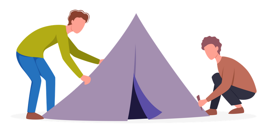Leute bauen ein Zelt auf dem Campingplatz auf  Illustration