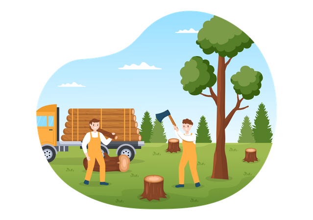 Menschen, Baumfällen und Holzfällen mit LKW  Illustration