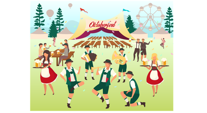 Menschen beim Oktoberfest tanzen und haben Spaß  Illustration