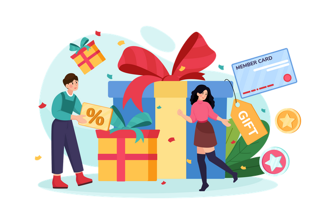 Personen, die im Rahmen eines Kundenbindungsprogramms Geschenke und Geschenkkarten erhalten  Illustration