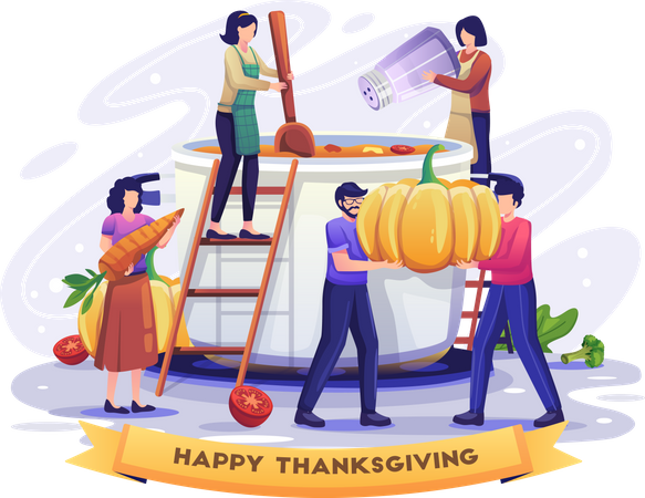 Leute bereiten das Abendessen für Thanksgiving vor  Illustration