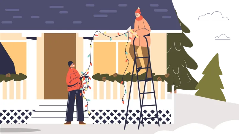 Die Menschen bereiten sich auf Weihnachten vor und schmücken Hausdächer mit Lichterketten  Illustration