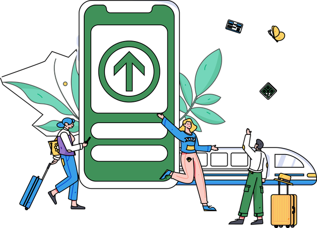 Personen buchen Zugtickets über das Handy  Illustration