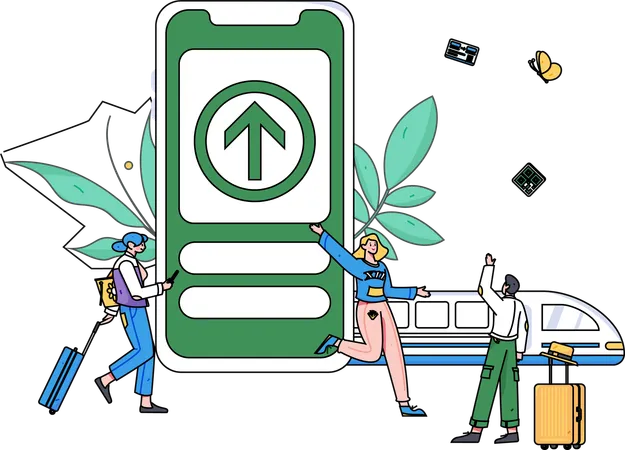 Personen buchen Zugtickets über das Handy  Illustration