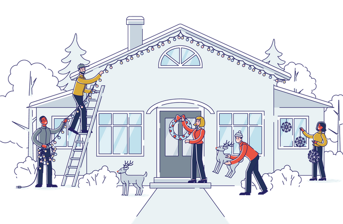 Menschen schmücken zu Weihnachten ihr Haus  Illustration