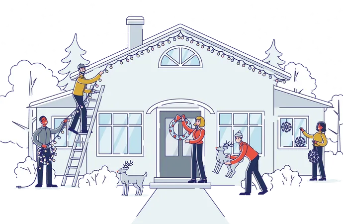 Menschen schmücken zu Weihnachten ihr Haus  Illustration