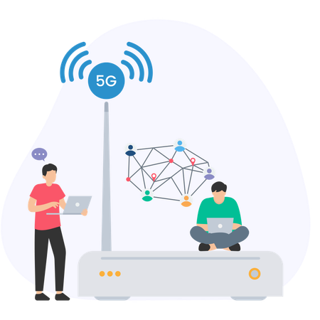 Menschen, die am 5G-Netzwerk arbeiten  Illustration