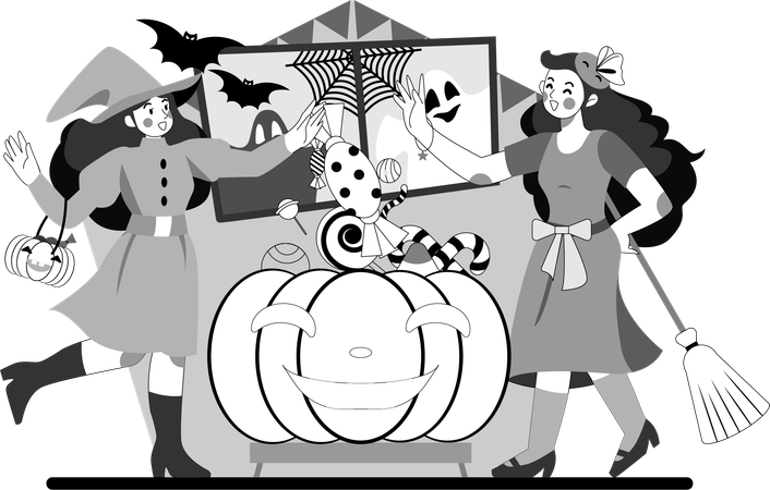 Menschen, die am Halloweentag Halloweenkostüme tragen  Illustration