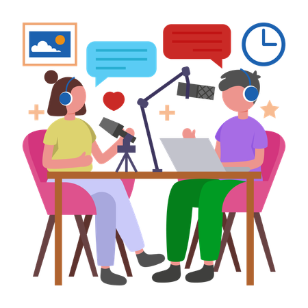 Personen, die an der Aufnahme eines Podcasts arbeiten  Illustration