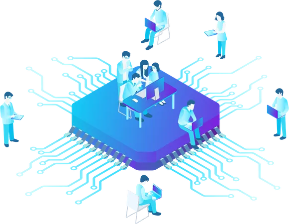 Menschen, die am CPU-Prozessorchip arbeiten  Illustration