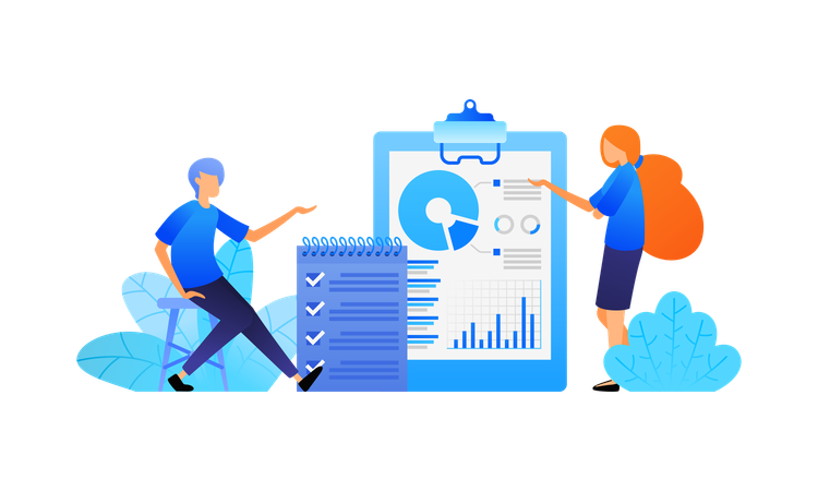 Menschen, die Betriebswirtschaft studieren, indem sie Daten analysieren und Aufgaben prüfen und diskutieren. Problemlösungen finden  Illustration