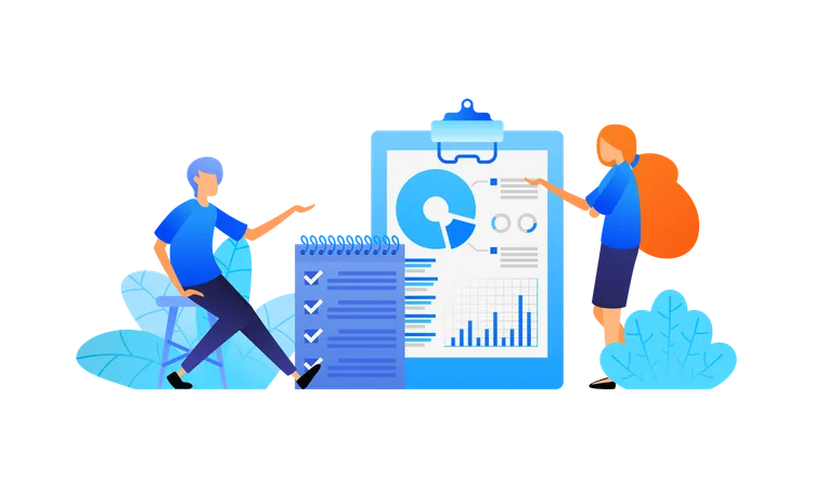 Menschen, die Betriebswirtschaft studieren, indem sie Daten analysieren und Aufgaben prüfen und diskutieren. Problemlösungen finden  Illustration