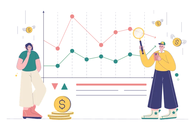 Personen, die Recherchen zu Aktienmarktinvestitionen durchführen  Illustration