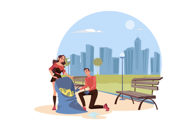 Leute die den müll im park aufräumen  Illustration