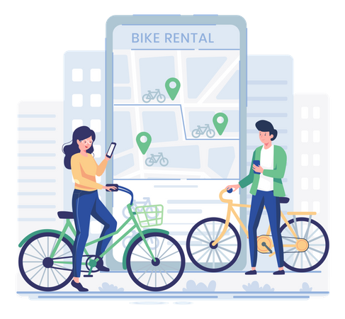 Personen, die eine App für den Fahrradverleih nutzen  Illustration