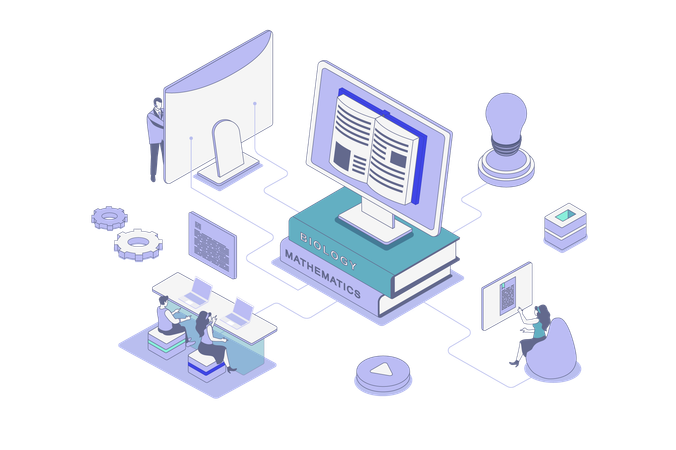 Menschen, die digitale Bücher am Computer lesen, während sie aus der Ferne Hausaufgaben machen  Illustration