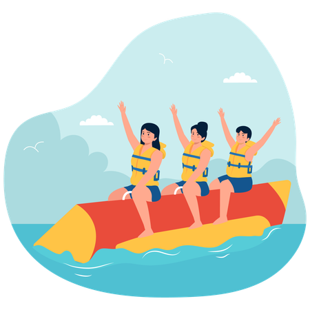 Leute genießen Bananenfahrt  Illustration
