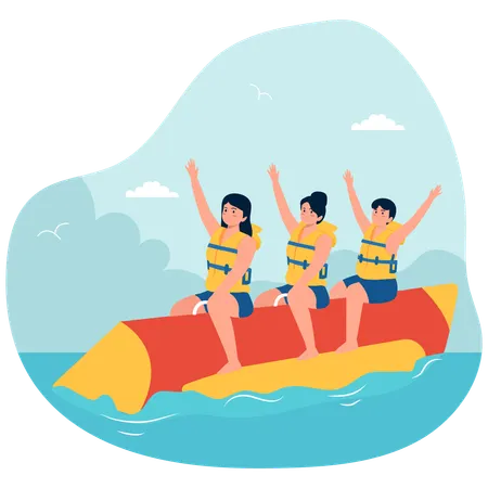 Leute genießen Bananenfahrt  Illustration