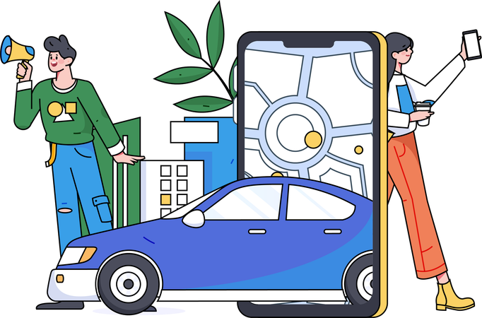 Personen, die einen Online-Taxiservice nutzen  Illustration