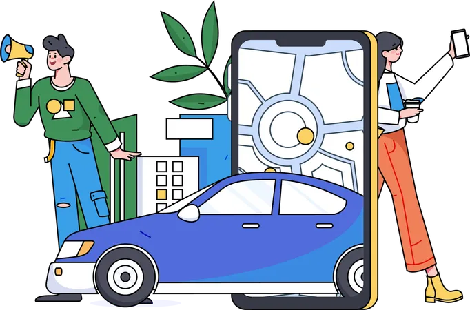 Personen, die einen Online-Taxiservice nutzen  Illustration