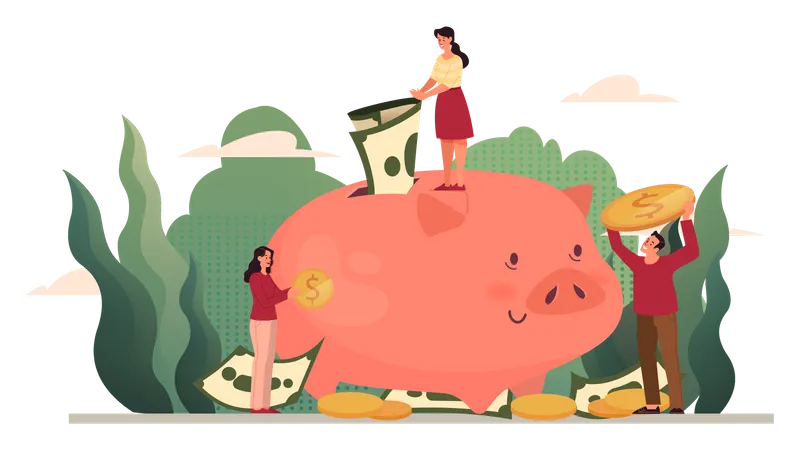 Menschen sparen Geld im Sparschwein  Illustration