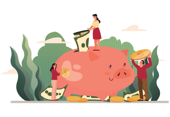 Menschen sparen Geld im Sparschwein  Illustration