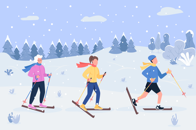 Menschen, die im Winter Ski fahren  Illustration