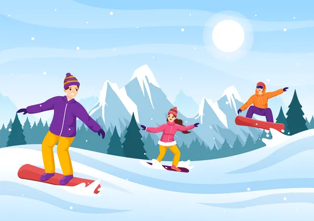 Leute, die im Winter Snowboarden  Illustration